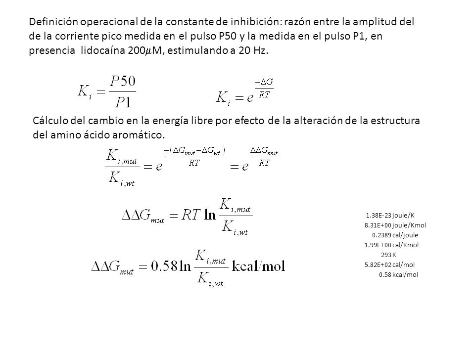 Definición operacional de la constante de inhibición: razón entre la amplitud del de la corriente pico medida en el pulso P50 y la medida en el pulso P1, en presencia lidocaína 200mM, estimulando a 20 Hz.