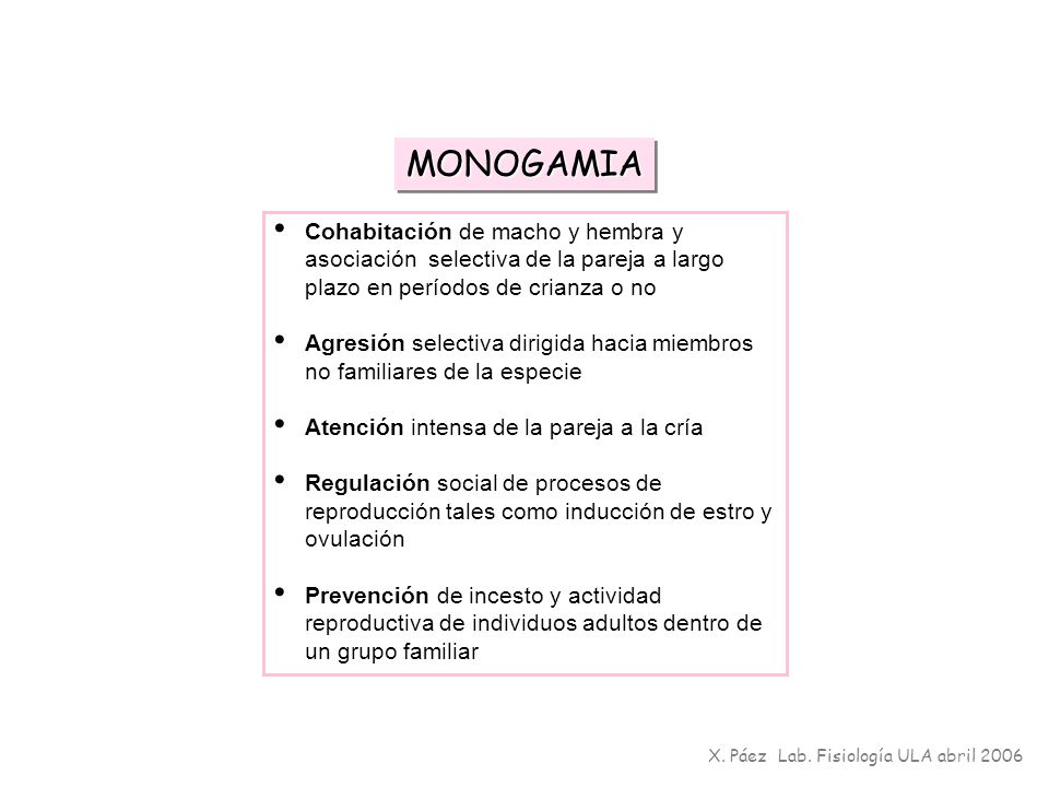 MONOGAMIA Cohabitación de macho y hembra y asociación selectiva de la pareja a largo plazo en períodos de crianza o no.