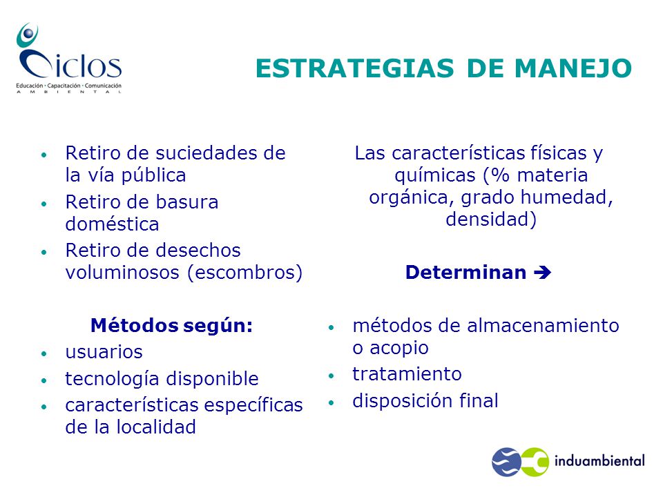ESTRATEGIAS DE MANEJO Retiro de suciedades de la vía pública