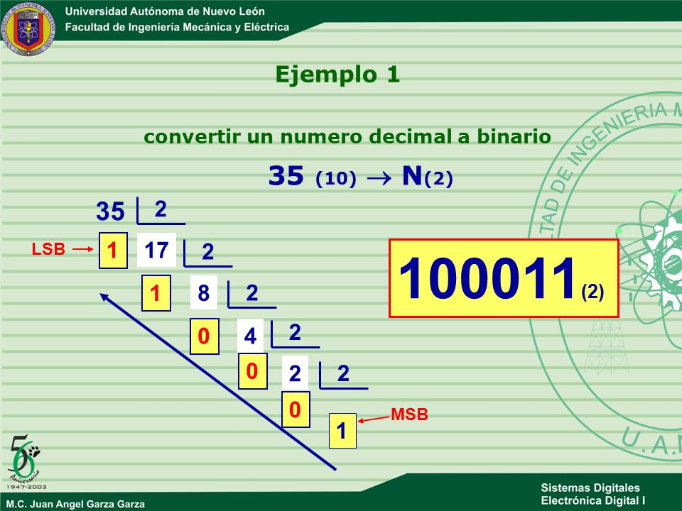 convertir un numero decimal a binario 35 (10)  N(2)