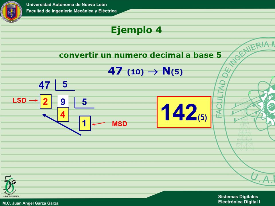 convertir un numero decimal a base 5 47 (10)  N(5)