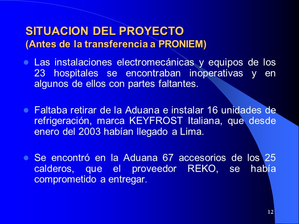 SITUACION DEL PROYECTO (Antes de la transferencia a PRONIEM)