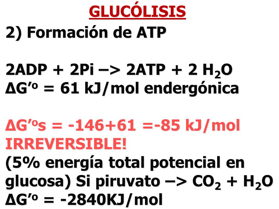 GLUCÓLISIS 2) Formación de ATP. 2ADP + 2Pi –> 2ATP + 2 H2O. ΔG’o = 61 kJ/mol endergónica. ΔG’os = =-85 kJ/mol.