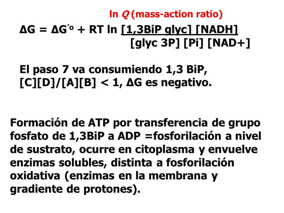 ΔG = ΔG’o + RT ln [1,3BiP glyc] [NADH] [glyc 3P] [Pi] [NAD+]