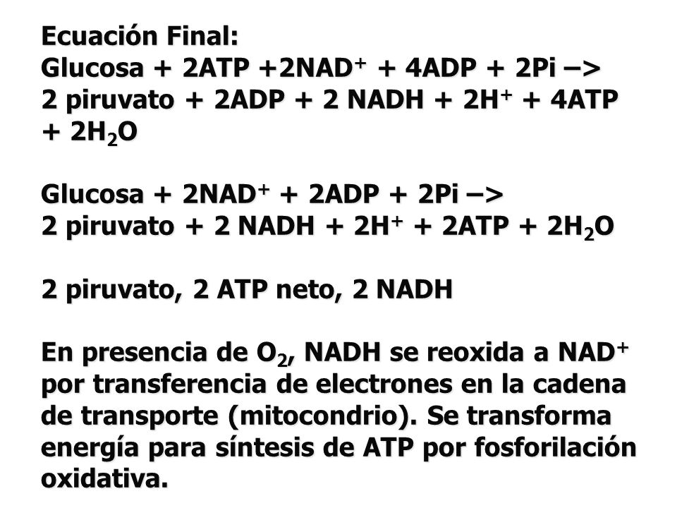 Ecuación Final: Glucosa + 2ATP +2NAD+ + 4ADP + 2Pi –> 2 piruvato + 2ADP + 2 NADH + 2H+ + 4ATP + 2H2O.
