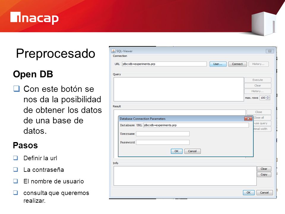 Preprocesado Open DB. Con este botón se nos da la posibilidad de obtener los datos de una base de datos.