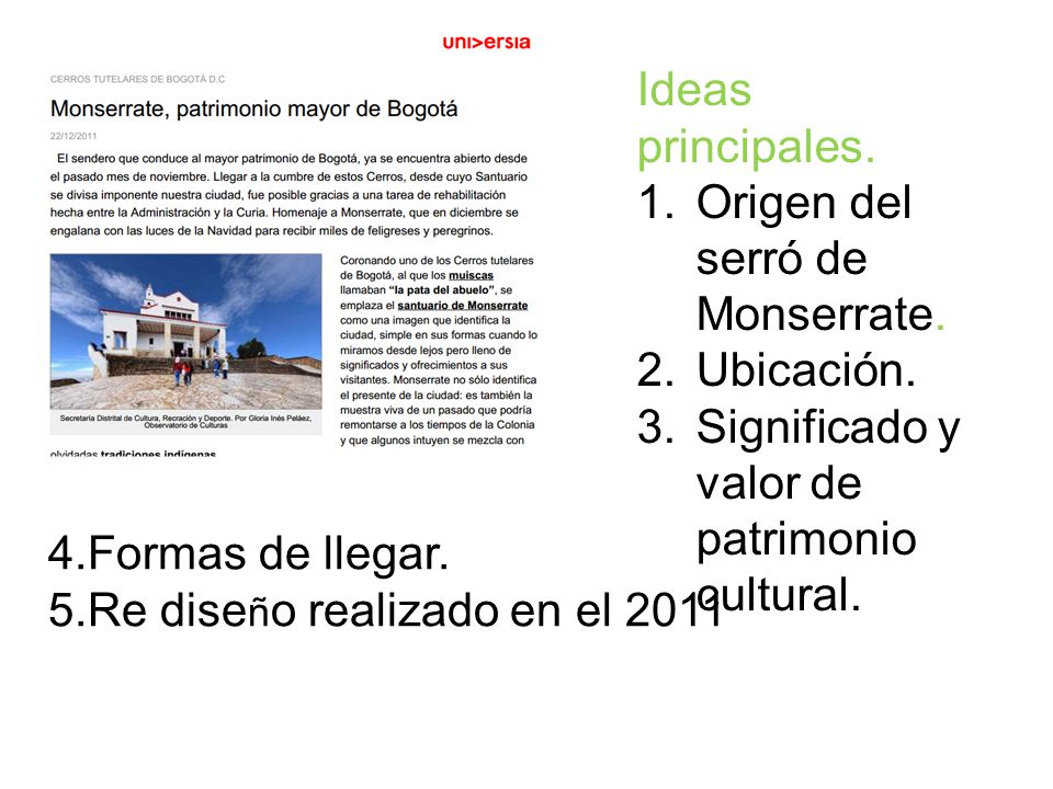 Ideas principales. Origen del serró de Monserrate. Ubicación. Significado y valor de patrimonio cultural.