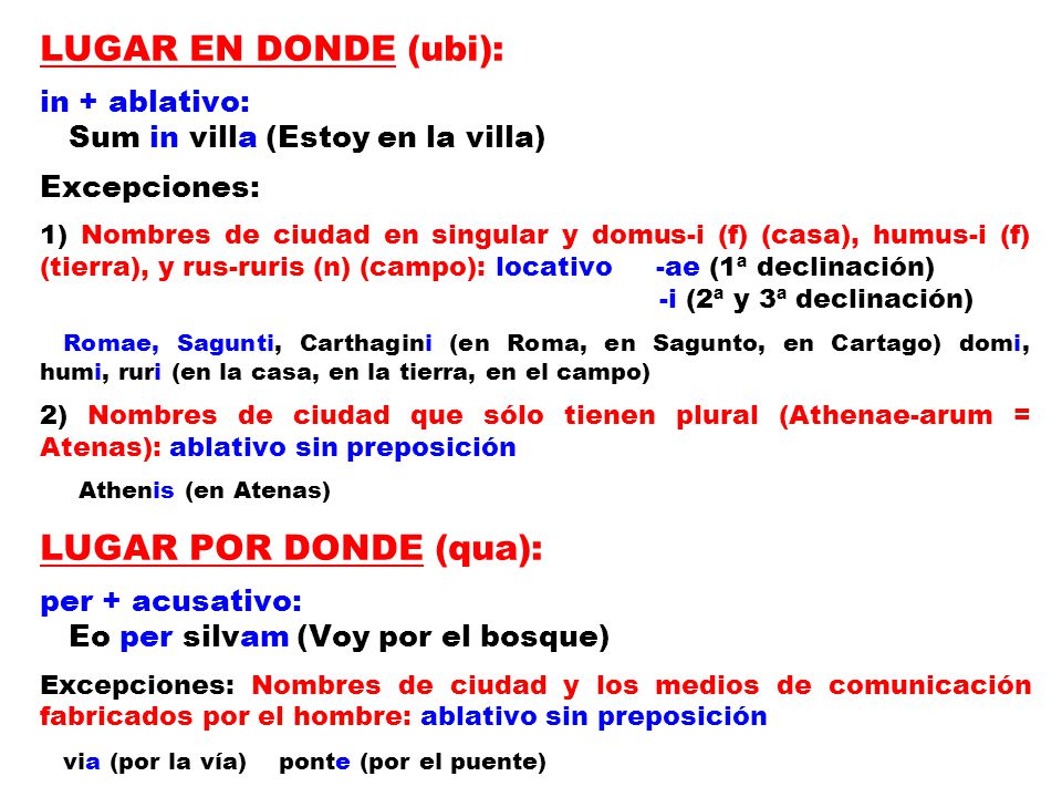 LUGAR EN DONDE (ubi): LUGAR POR DONDE (qua): in + ablativo: