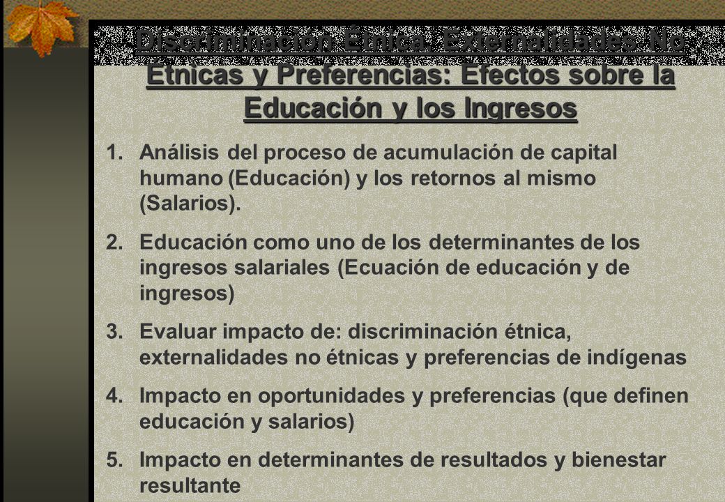 Discriminación Étnica, Externalidades No Étnicas y Preferencias: Efectos sobre la Educación y los Ingresos