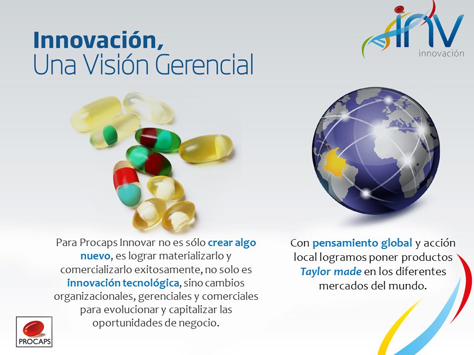 Para Procaps Innovar no es sólo crear algo nuevo, es lograr materializarlo y comercializarlo exitosamente, no solo es innovación tecnológica, sino cambios organizacionales, gerenciales y comerciales para evolucionar y capitalizar las oportunidades de negocio.