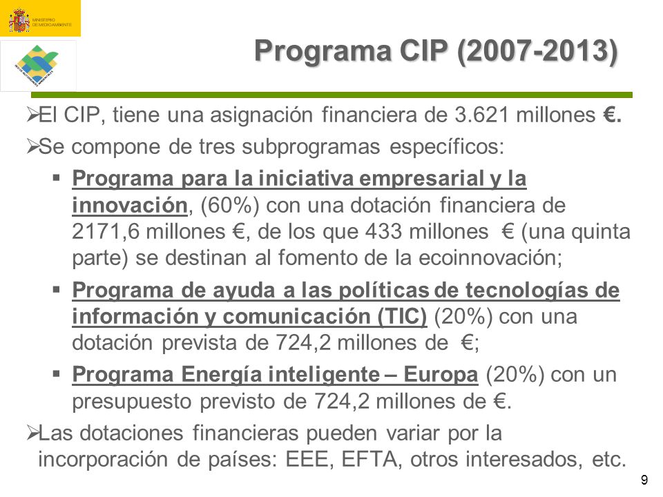 Programa CIP ( ) El CIP, tiene una asignación financiera de millones €. Se compone de tres subprogramas específicos: