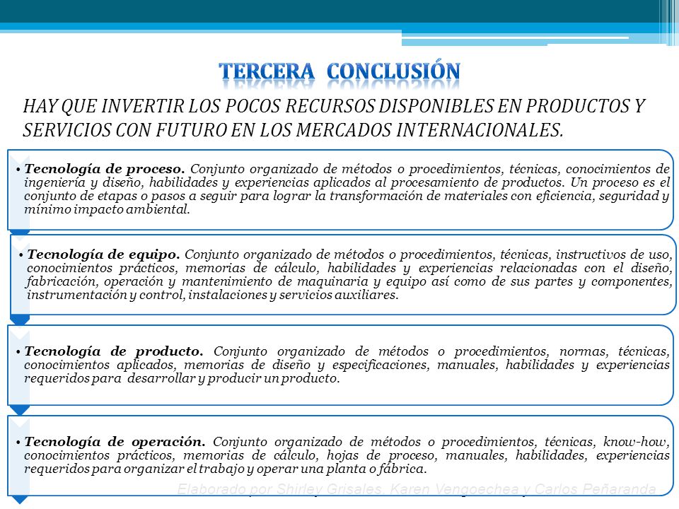 TERCERA CONCLUSIÓN HAY QUE INVERTIR LOS POCOS RECURSOS DISPONIBLES EN PRODUCTOS Y SERVICIOS CON FUTURO EN LOS MERCADOS INTERNACIONALES.