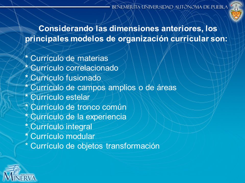 Considerando las dimensiones anteriores, los principales modelos de organización curricular son: * Currículo de materias * Currículo correlacionado * Currículo fusionado * Currículo de campos amplios o de áreas * Currículo estelar * Currículo de tronco común * Currículo de la experiencia * Currículo integral * Currículo modular * Currículo de objetos transformación