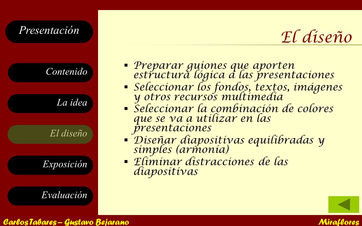 El diseño Preparar guiones que aporten estructura lógica a las presentaciones. Seleccionar los fondos, textos, imágenes y otros recursos multimedia.