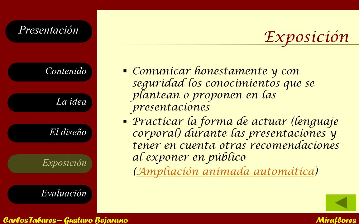 Exposición Comunicar honestamente y con seguridad los conocimientos que se plantean o proponen en las presentaciones.