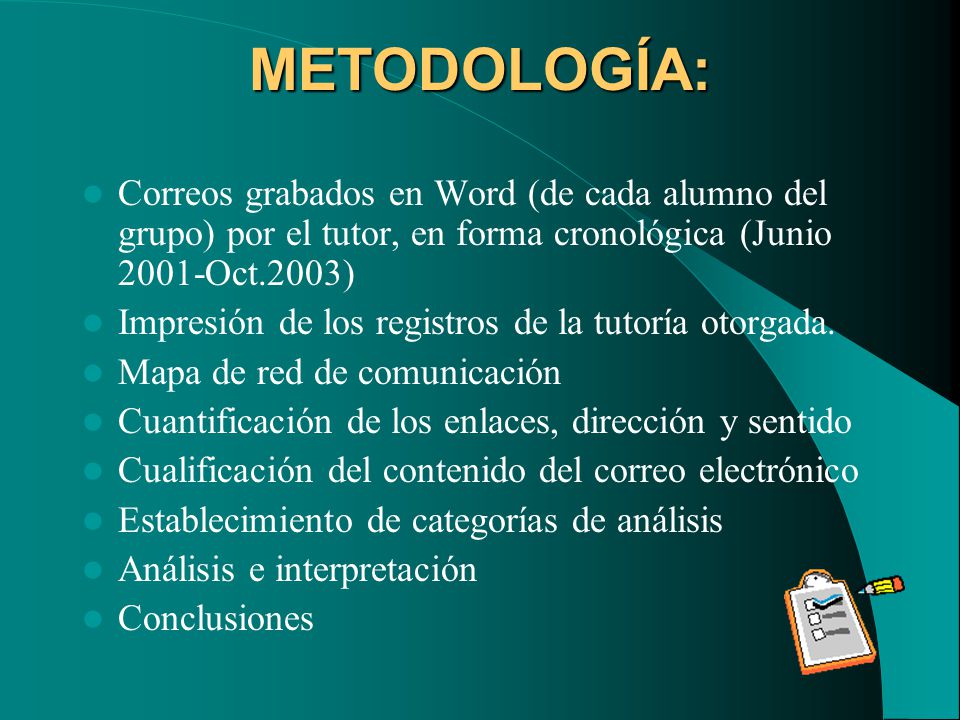 METODOLOGÍA: Correos grabados en Word (de cada alumno del grupo) por el tutor, en forma cronológica (Junio 2001-Oct.2003)
