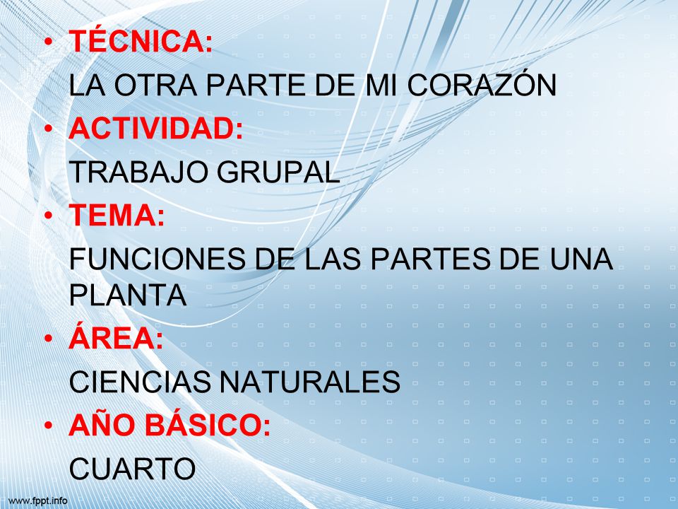 TÉCNICA: LA OTRA PARTE DE MI CORAZÓN. ACTIVIDAD: TRABAJO GRUPAL. TEMA: FUNCIONES DE LAS PARTES DE UNA PLANTA.