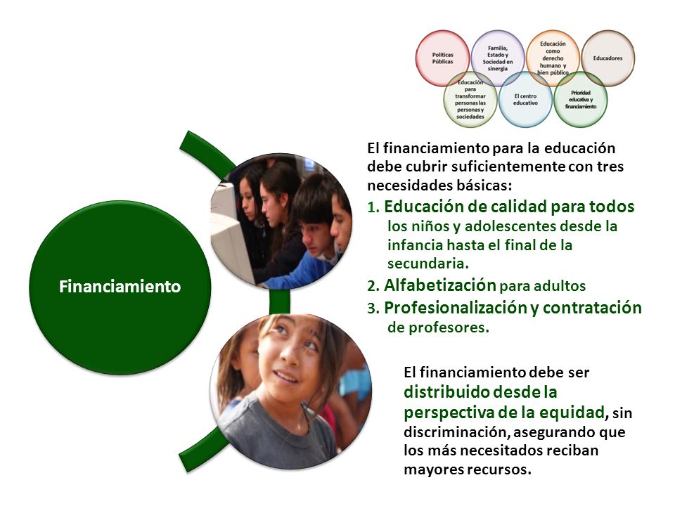 Financiamiento El financiamiento para la educación debe cubrir suficientemente con tres necesidades básicas: