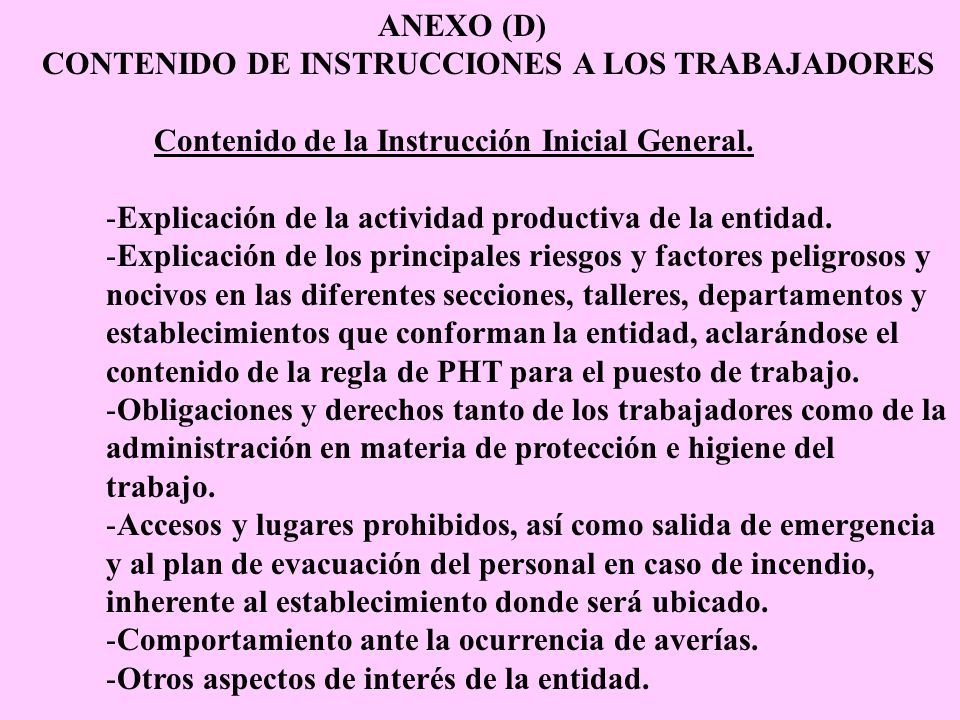 ANEXO (D) CONTENIDO DE INSTRUCCIONES A LOS TRABAJADORES. Contenido de la Instrucción Inicial General.