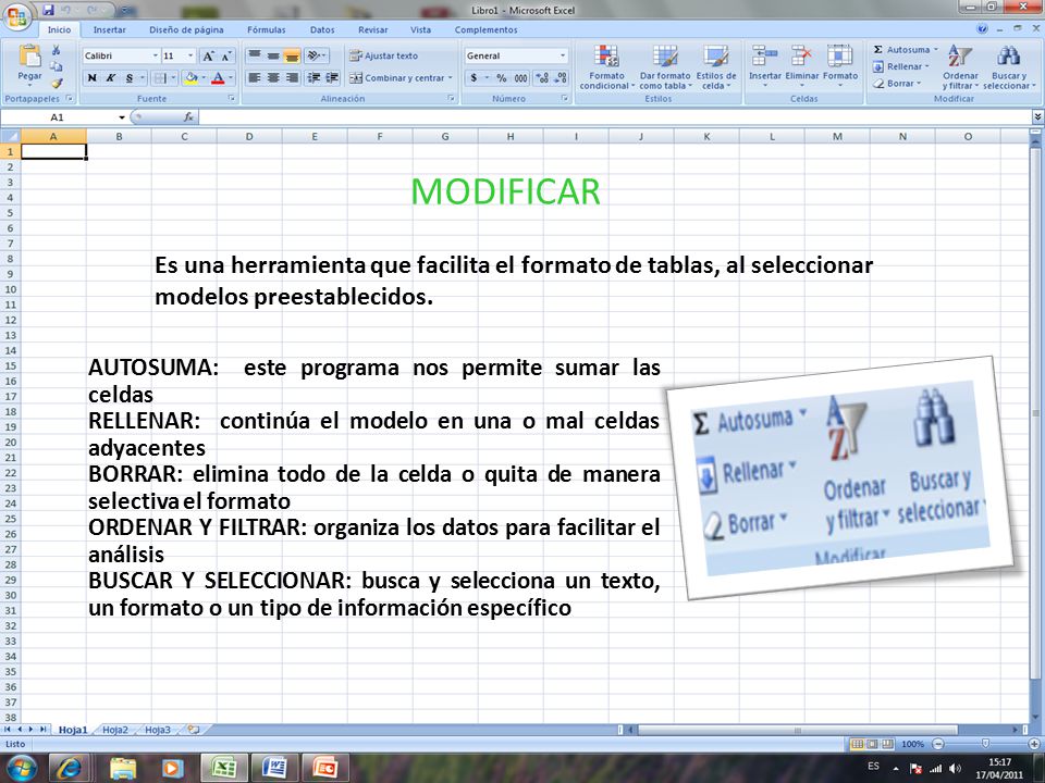 MODIFICAR Es una herramienta que facilita el formato de tablas, al seleccionar modelos preestablecidos.