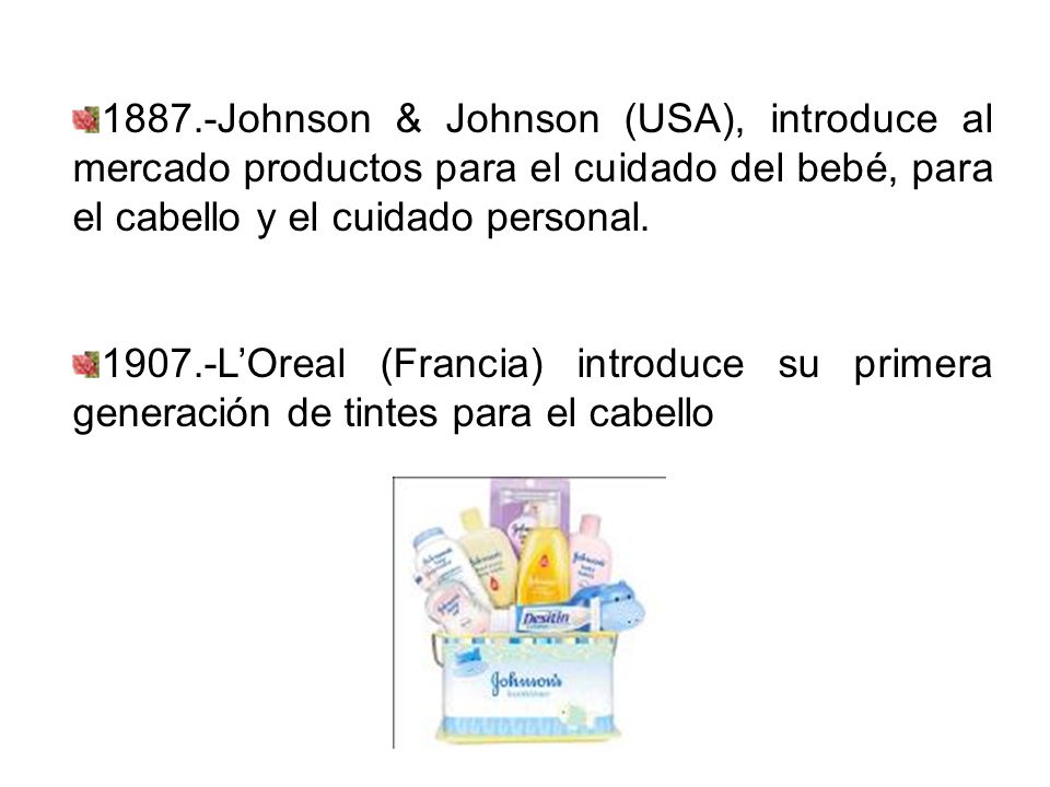 1887.-Johnson & Johnson (USA), introduce al mercado productos para el cuidado del bebé, para el cabello y el cuidado personal.