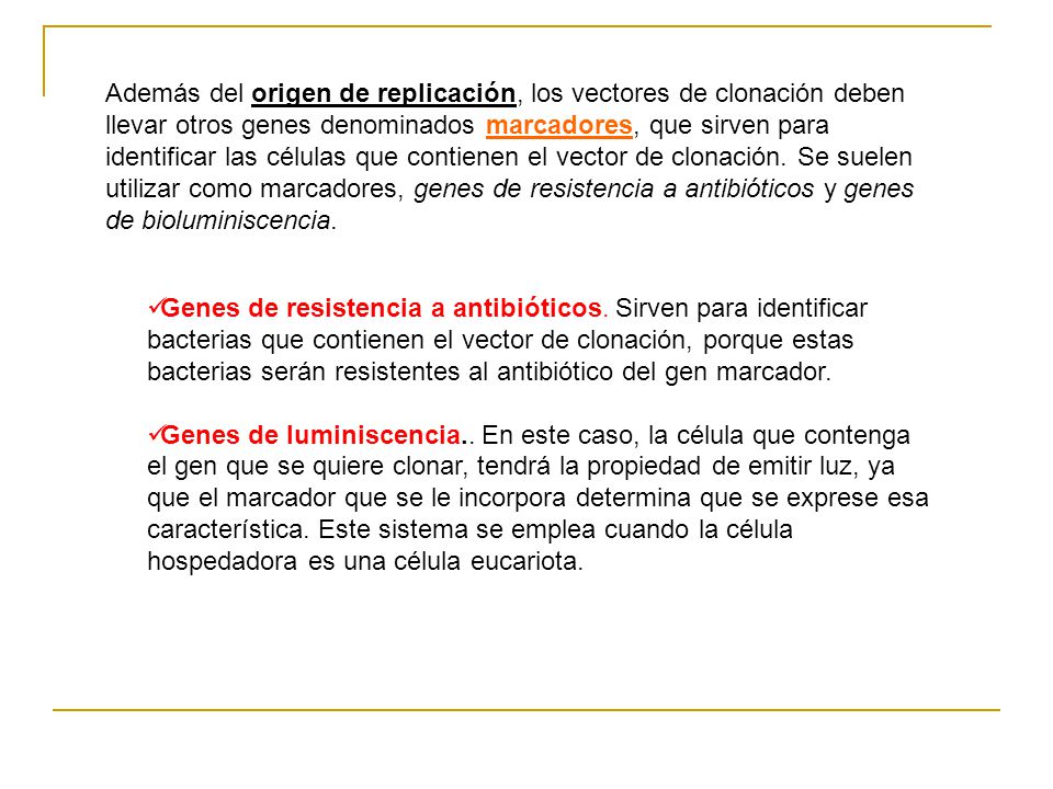 Además del origen de replicación, los vectores de clonación deben llevar otros genes denominados marcadores, que sirven para identificar las células que contienen el vector de clonación. Se suelen utilizar como marcadores, genes de resistencia a antibióticos y genes de bioluminiscencia.