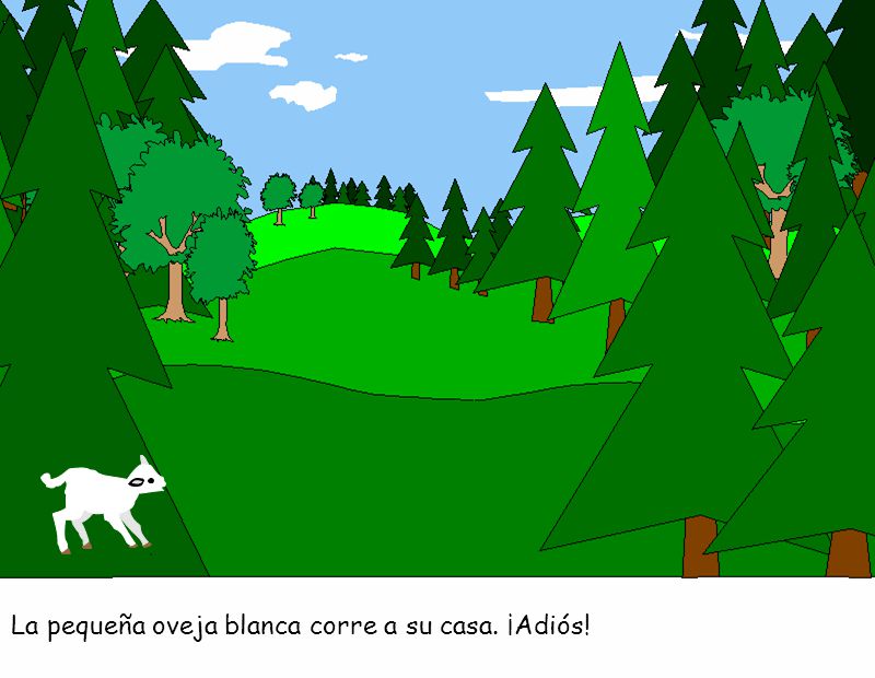 La pequeña oveja blanca corre a su casa. ¡Adiós!
