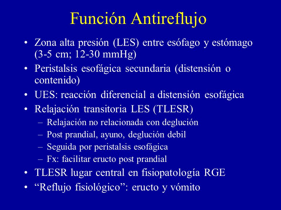 Función Antireflujo Zona alta presión (LES) entre esófago y estómago (3-5 cm; mmHg) Peristalsis esofágica secundaria (distensión o contenido)