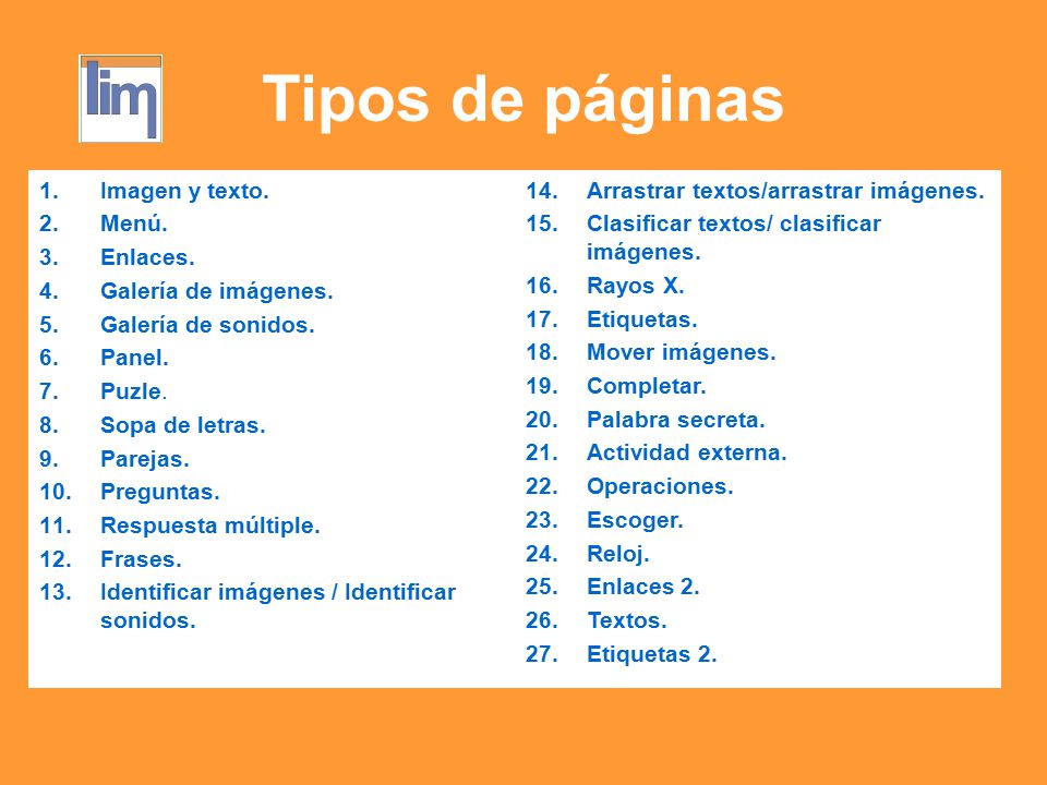 Tipos de páginas Imagen y texto. Menú. Enlaces. Galería de imágenes.
