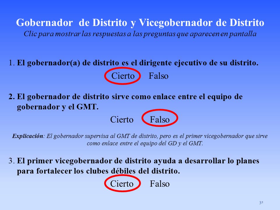 Segundo Vicegobernador de Distrito Clic para mostrar las respuestas a las preguntas que aparecen en pantalla