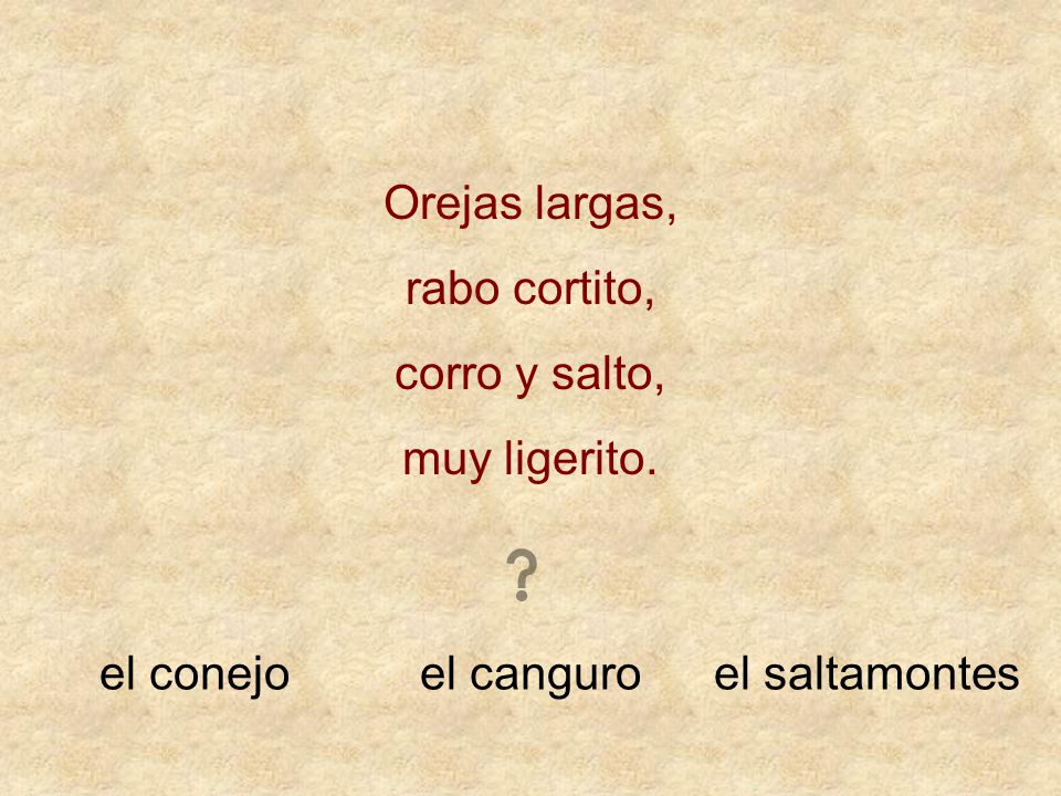 Orejas largas, rabo cortito, corro y salto, muy ligerito. el conejo el canguro el saltamontes