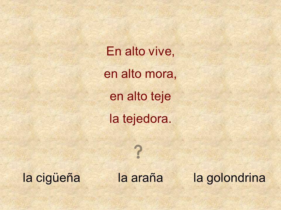 En alto vive, en alto mora, en alto teje la tejedora. la cigüeña la araña la golondrina
