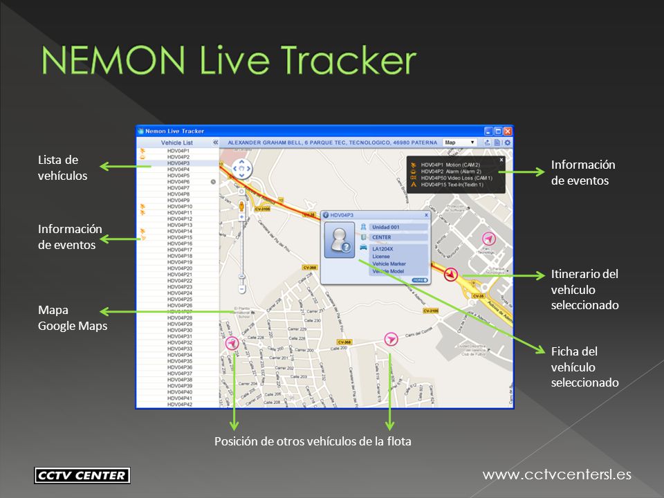 NEMON Live Tracker Lista de vehículos Información de eventos