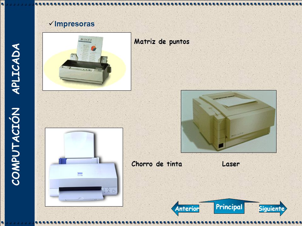 Impresoras Matriz de puntos Chorro de tinta Laser Principal Anterior