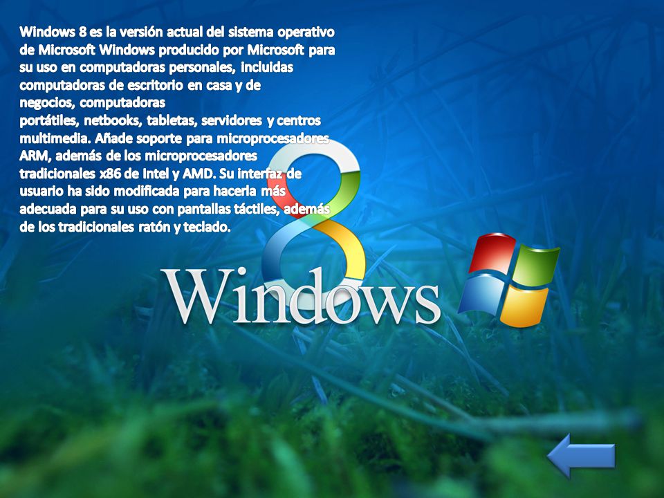 Windows 8 es la versión actual del sistema operativo de Microsoft Windows producido por Microsoft para su uso en computadoras personales, incluidas computadoras de escritorio en casa y de negocios, computadoras portátiles, netbooks, tabletas, servidores y centros multimedia.