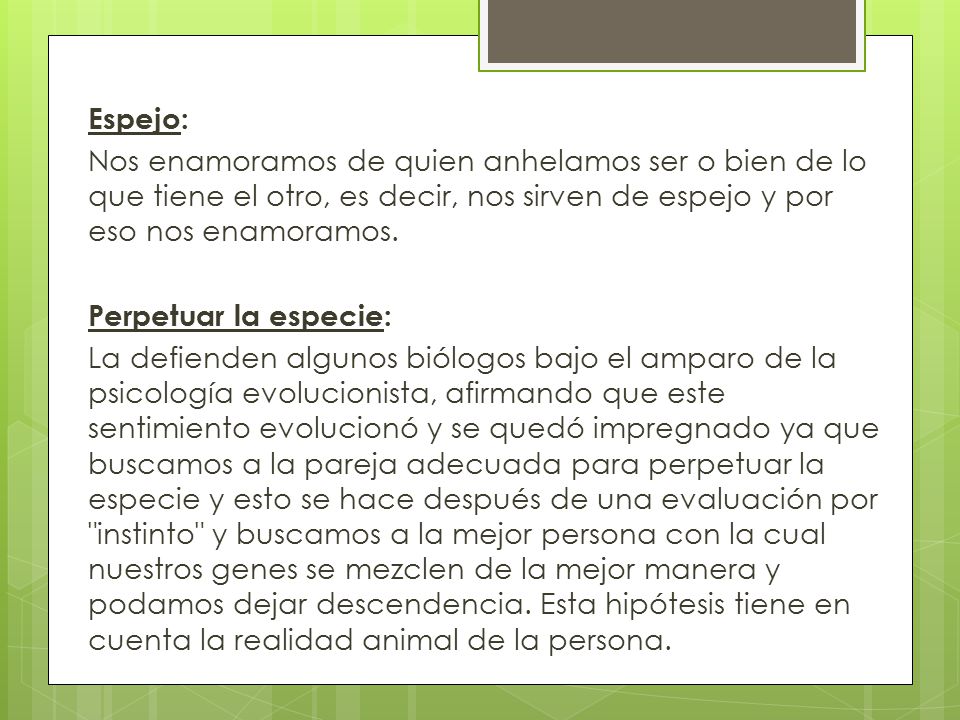 Espejo: Nos enamoramos de quien anhelamos ser o bien de lo que tiene el otro, es decir, nos sirven de espejo y por eso nos enamoramos.