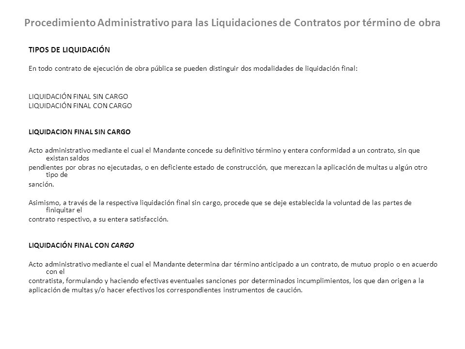 Procedimiento Administrativo para las Liquidaciones de Contratos por término de obra