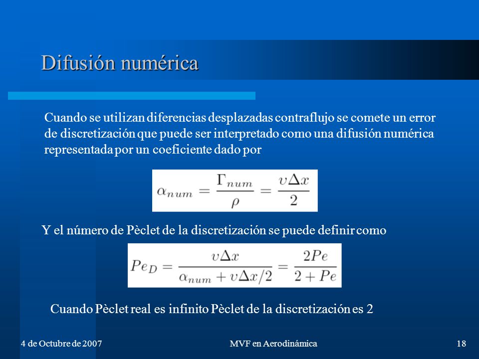 Difusión numérica Cuando se utilizan diferencias desplazadas contraflujo se comete un error.