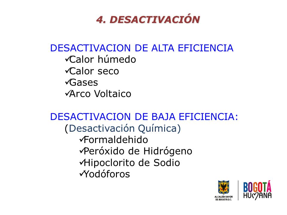 4. DESACTIVACIÓN DESACTIVACION DE ALTA EFICIENCIA. Calor húmedo. Calor seco. Gases. Arco Voltaico.