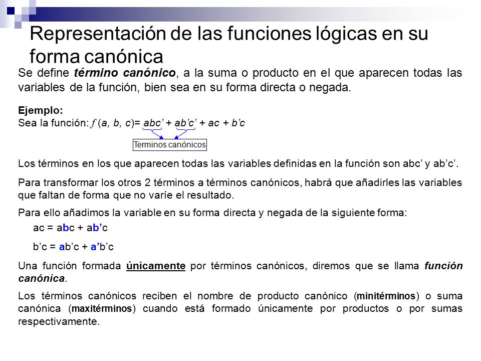 Representación de las funciones lógicas en su forma canónica