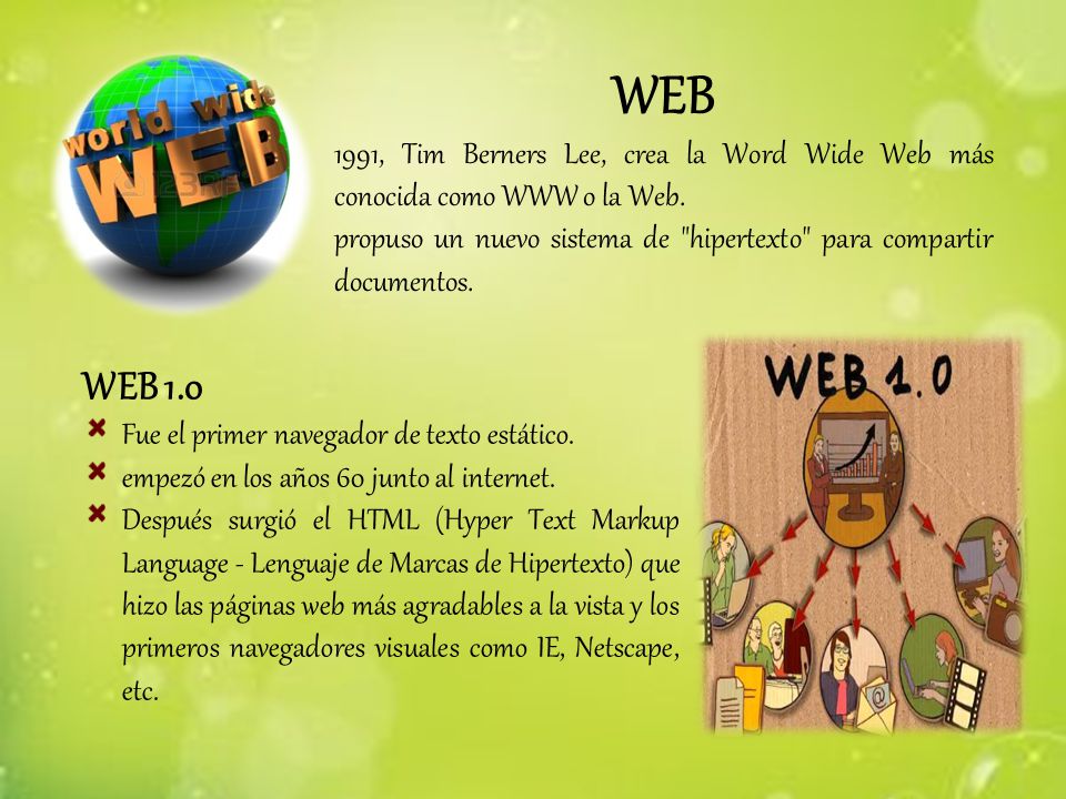 WEB 1991, Tim Berners Lee, crea la Word Wide Web más conocida como WWW o la Web. propuso un nuevo sistema de hipertexto para compartir documentos.