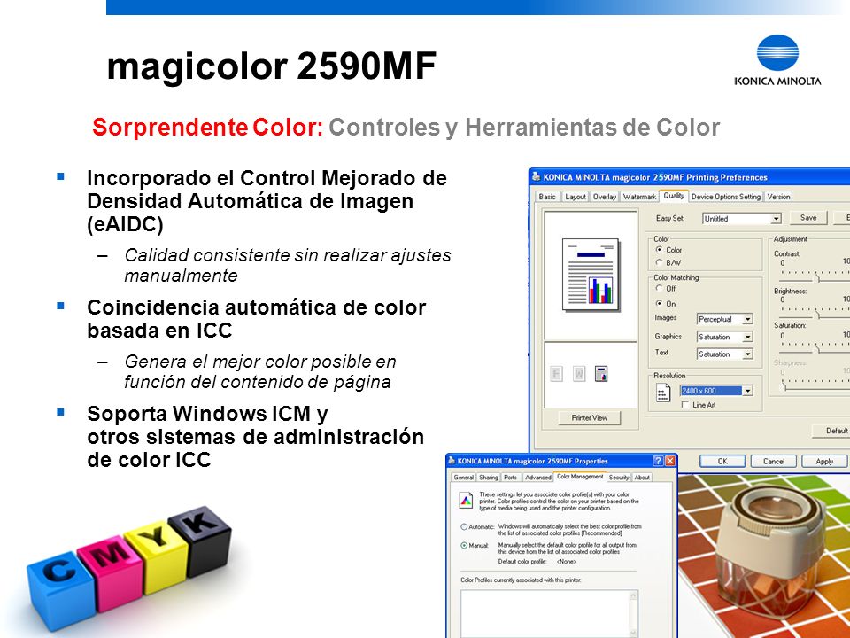 magicolor 2590MF Sorprendente Color: Controles y Herramientas de Color