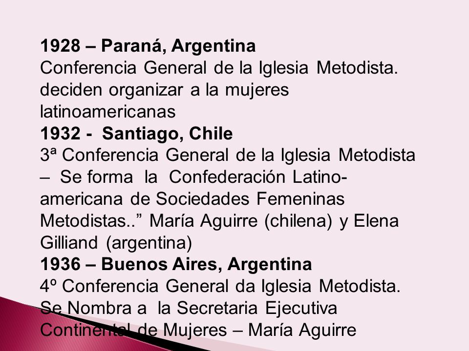 1928 – Paraná, Argentina Conferencia General de la Iglesia Metodista. deciden organizar a la mujeres latinoamericanas.