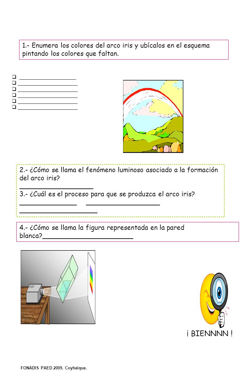 1.- Enumera los colores del arco iris y ubícalos en el esquema pintando los colores que faltan.