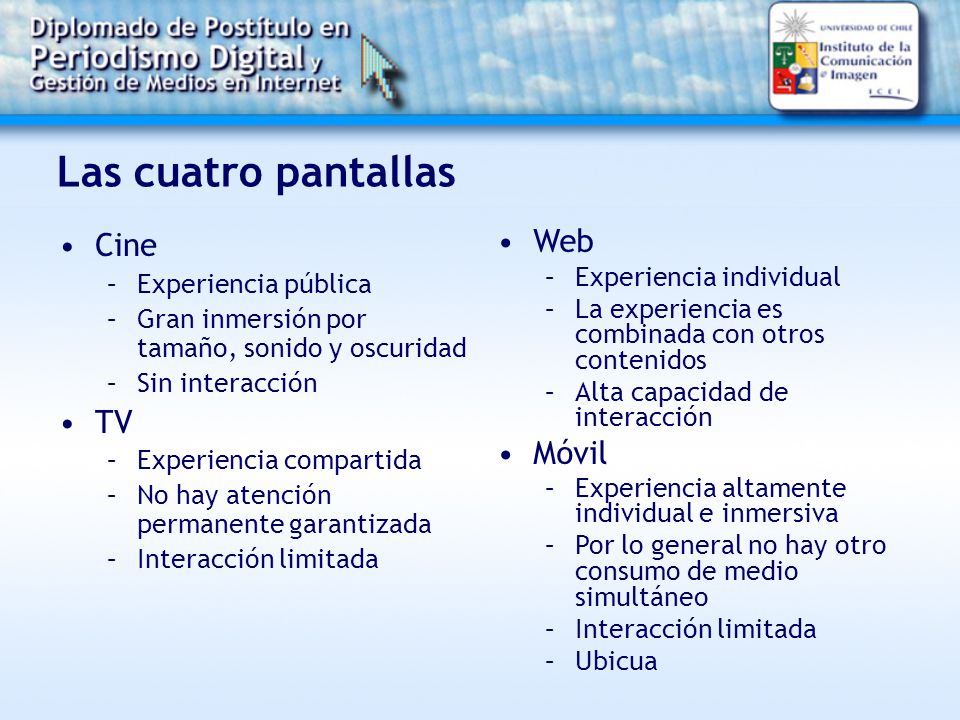 Las cuatro pantallas Cine TV Web Móvil Experiencia pública
