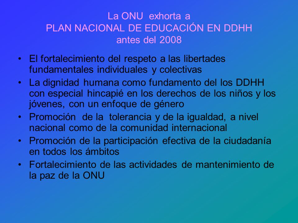 La ONU exhorta a PLAN NACIONAL DE EDUCACIÓN EN DDHH antes del 2008