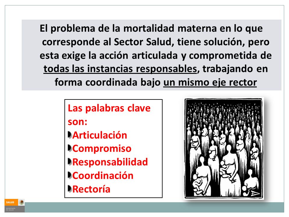 El problema de la mortalidad materna en lo que corresponde al Sector Salud, tiene solución, pero esta exige la acción articulada y comprometida de todas las instancias responsables, trabajando en forma coordinada bajo un mismo eje rector