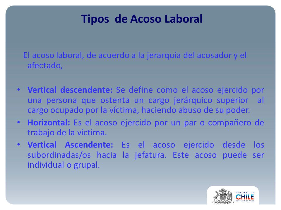 Tipos de Acoso Laboral El acoso laboral, de acuerdo a la jerarquía del acosador y el afectado,