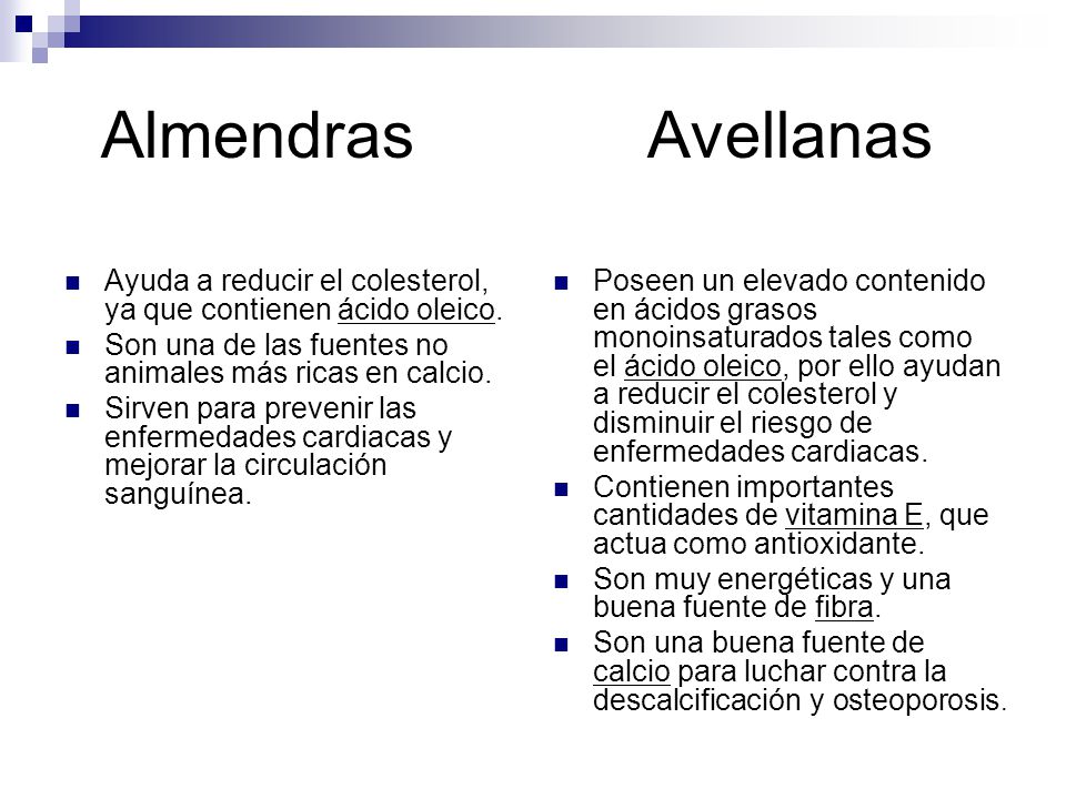 Almendras Avellanas Ayuda a reducir el colesterol, ya que contienen ácido oleico.
