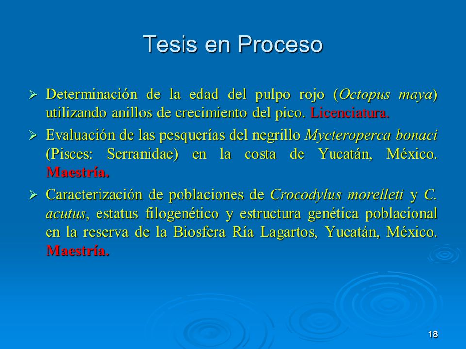 Tesis en Proceso Determinación de la edad del pulpo rojo (Octopus maya) utilizando anillos de crecimiento del pico. Licenciatura.
